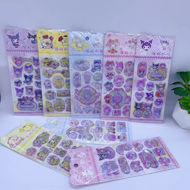 

24pcs/box New Sanrio Hello Kitty Cinnamoroll My Melody Kuromi 3d Shake Water Sequined Stickers Diy Decorative Quicksand Sticker