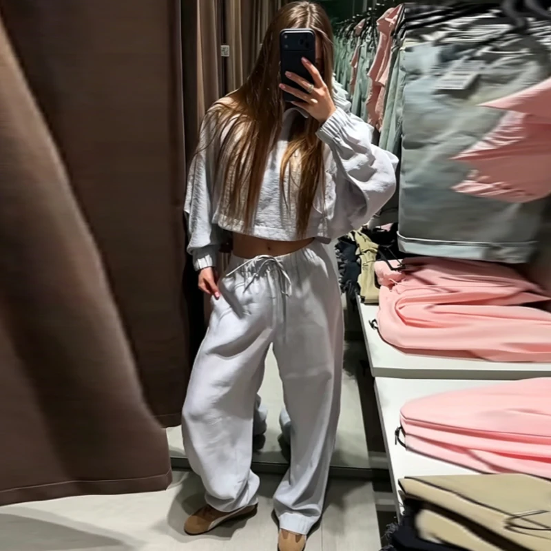 HXAO Übergroße Hosen-Sets Sommer Damenanzug Crop Loose Langarm-Oberteil 2-teiliges Set Weite Schnürhose Urlaubsoutfit Damen – Detail 9