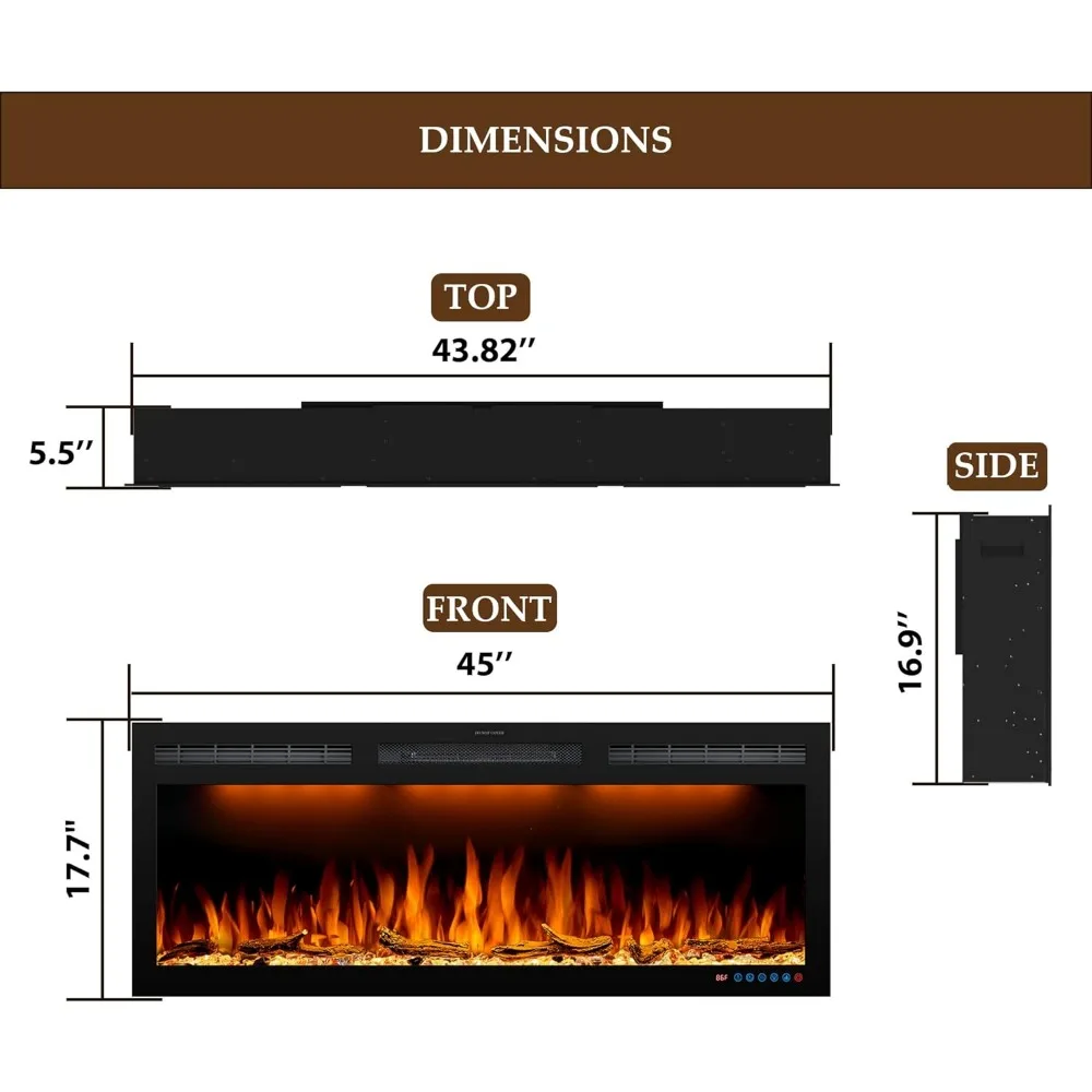 Chimenea eléctrica de 45 pulgadas, calentador de chimenea empotrado y montado en la pared y inserciones lineales para chimenea, con temporizador, control remoto