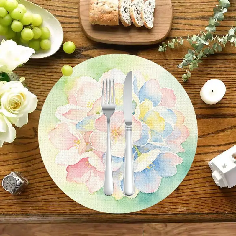 VIKAMA Watercolor Peony Placemat Set 2/4/6pcs Anti-Fouling Easy Clean Non-Slip Round Table Mat Kitchen Dining Decor