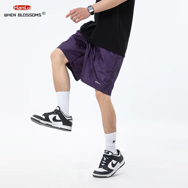 Men Women Pocket Drawstring Solid Soft Thin Metallic Texture Slightly Wrinkled Summer Loose Versatile Embroidered Sports Shorts