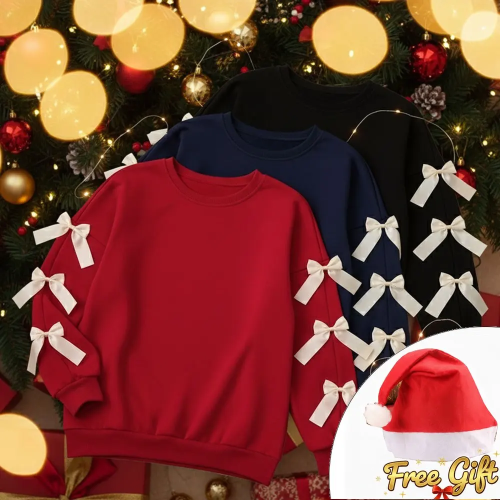 سويت شيرت نسائي أحمر لعيد الميلاد - تصميم بياقة دائرية مع لمسة فيونكة لأزياء النمط الاحتفالي للتأثيري واللباس
