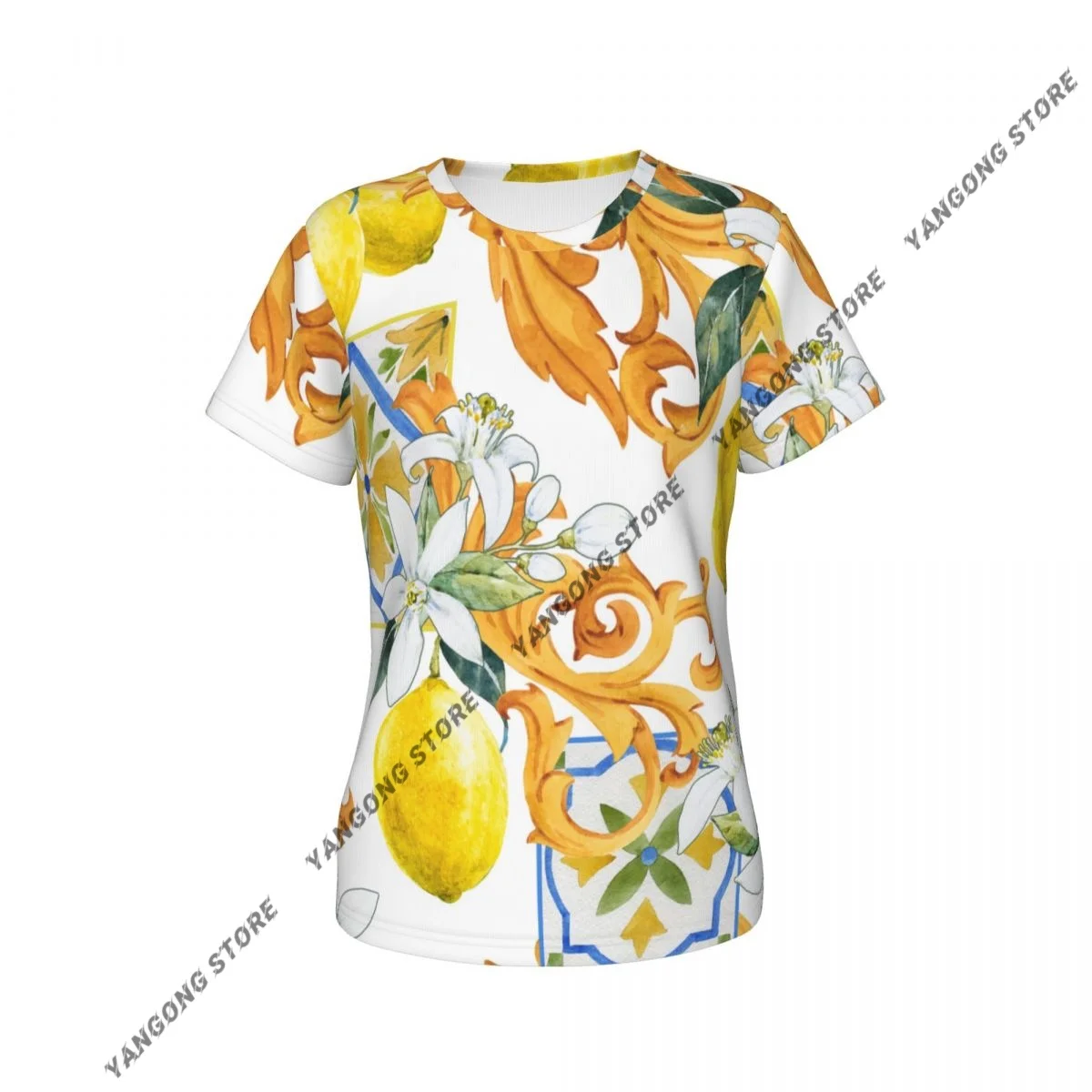 المرأة تي شيرت السيدات عادية الذهبي حرف واحد فقط وزهور الليمون الإناث تي شيرت قصيرة الأكمام تي شيرت الصيف رقيقة القمم