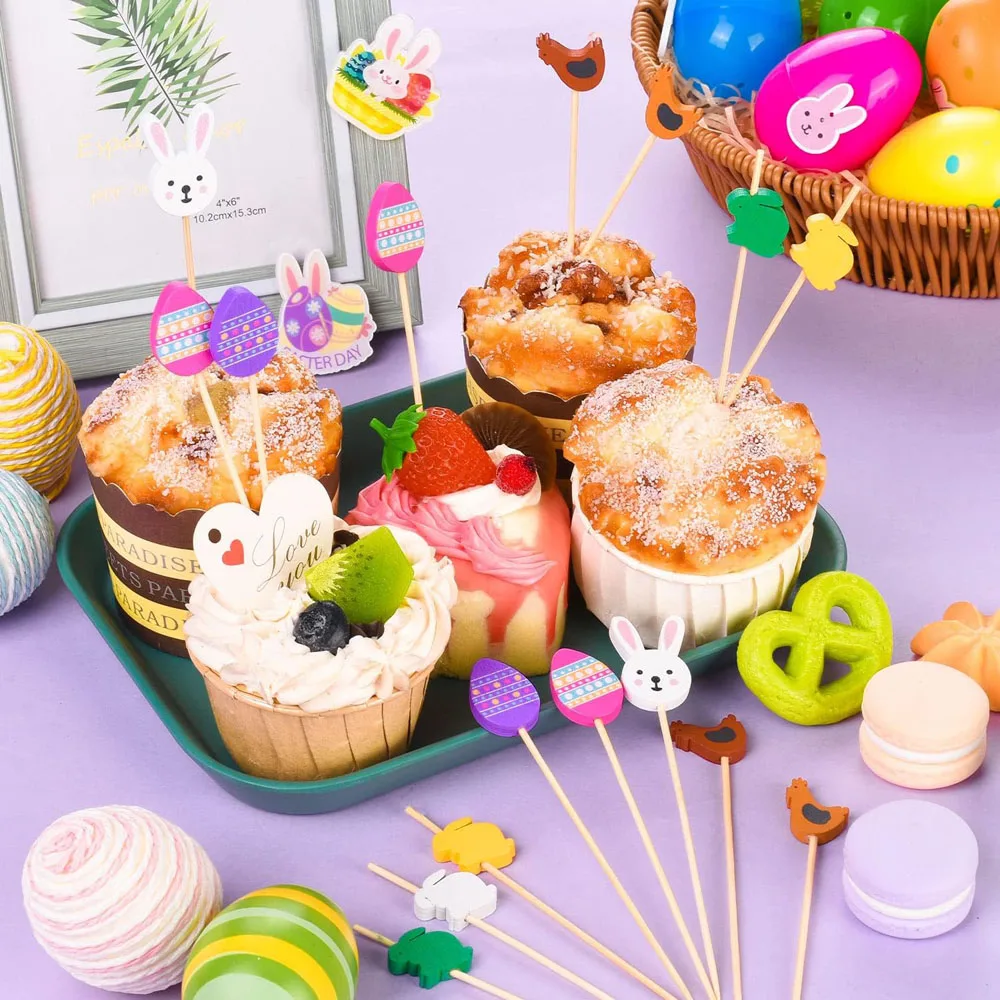 100pcs Easter Disposable Food Fork Bamboo Skewers Rabbit Easter Eggs Fruit Sticks Sandwich Buffet Stick Easter 2024 Decoration