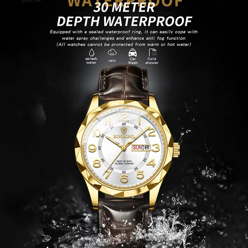 BINBOND B5663 쿼츠 신상 남성 캐주얼 스포츠 시계 남성용 레트로 빅 다이얼 시계 클래식 가죽 비즈니스 남성 시계