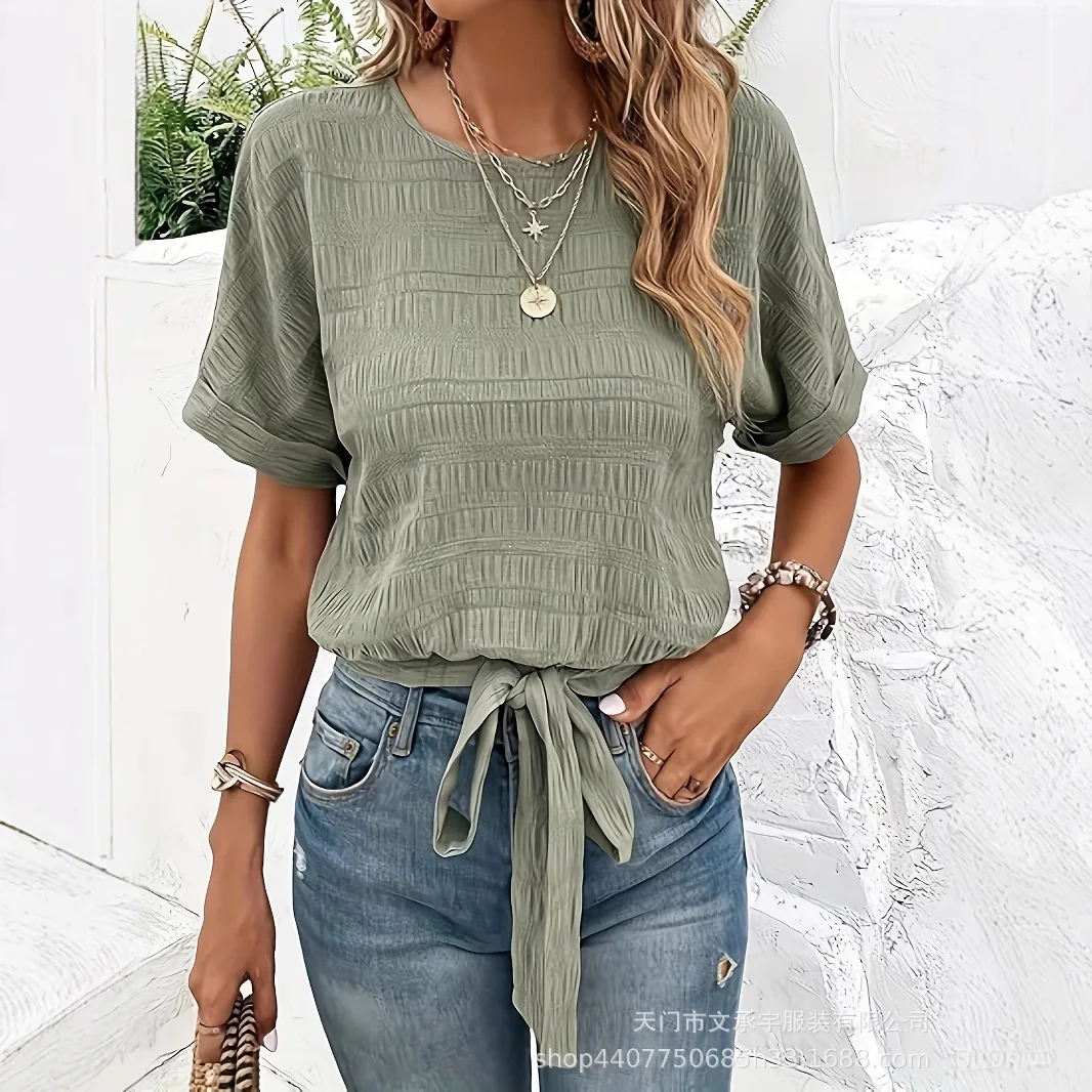 Women's Solid Round Neck Tie Hem Short Sleeve Textured T Shirt Comfortable Temperament Commuter Versatile Casual Fashion Blouse