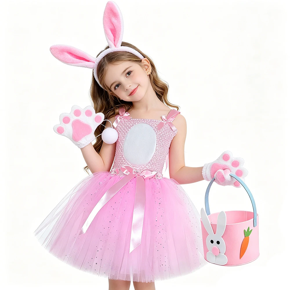 Sparkly Pink Easter Bunny Costumes for Girls Rabbit Tutu Dress with Ears & Tail Cute Animal Halloween Holiday Party Fancy Outfit