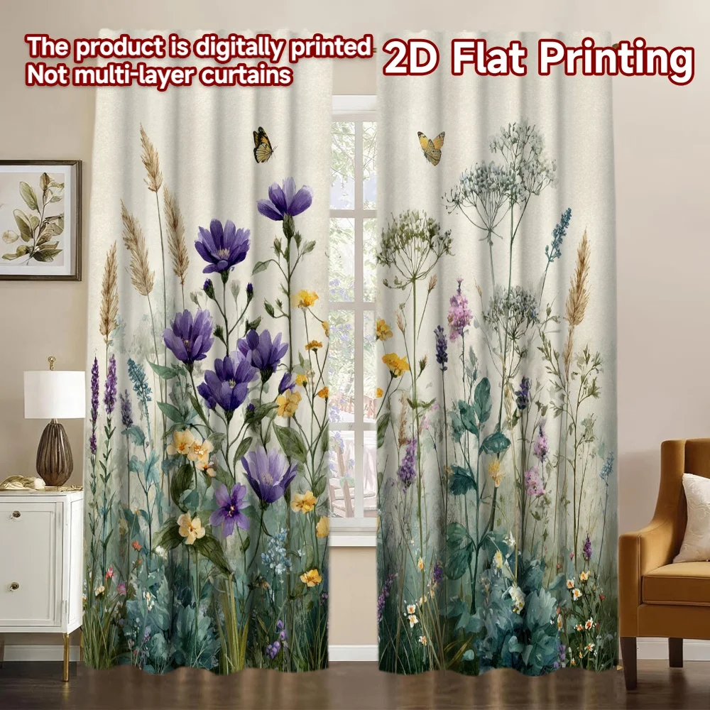 2D FLAT PRINTING 2pcs Curtains (Without Rod) Spring Butterfly Garden(1) Chic Curtain Cloth Polyester Easy Install Curtains
