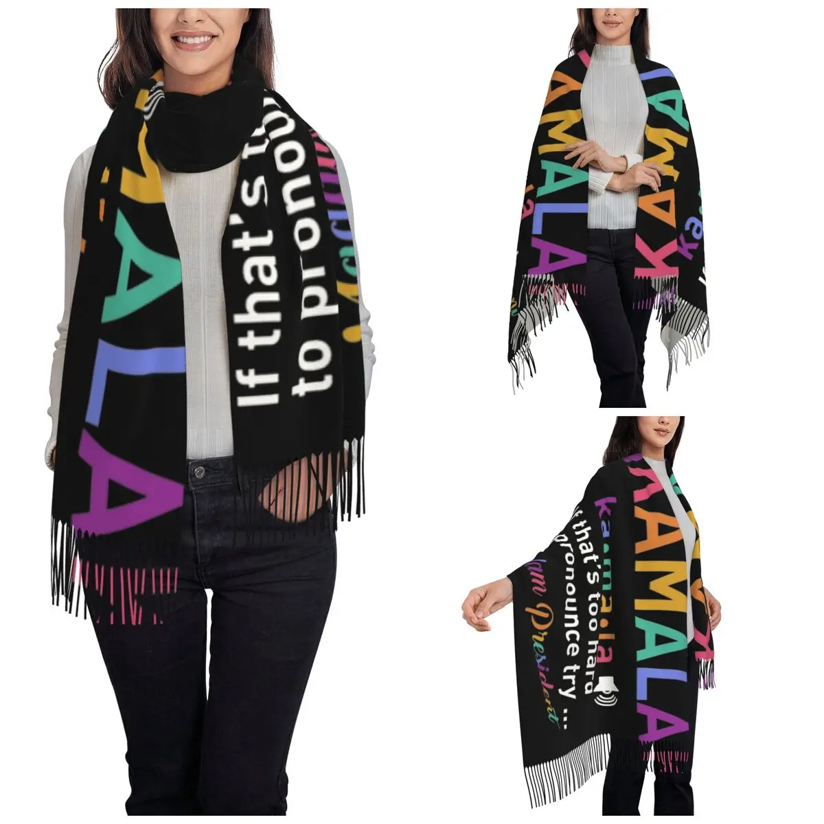 Kamala Harris Madam President Election 2024 Shawl Wrap for Ladies Winter Large Long Scarf Neckerchief Tassel Scarves