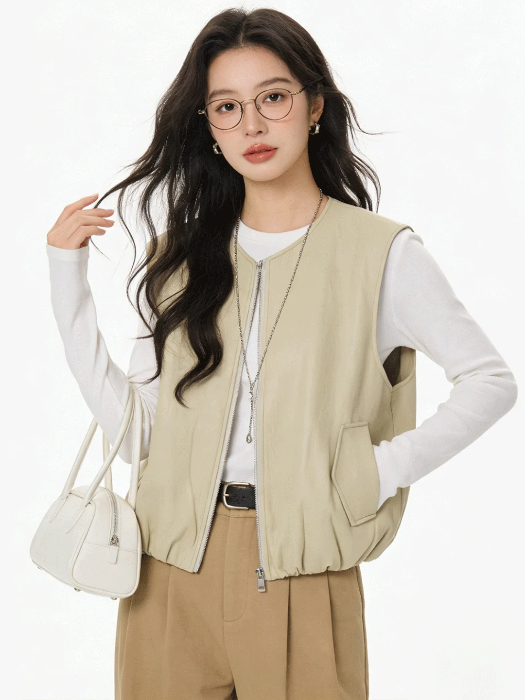 

Spring Summer 2026 Women's Pure Color round Ne Leather Jaet Vest Svel Layering Outerwear Korean Sle Stand Fit