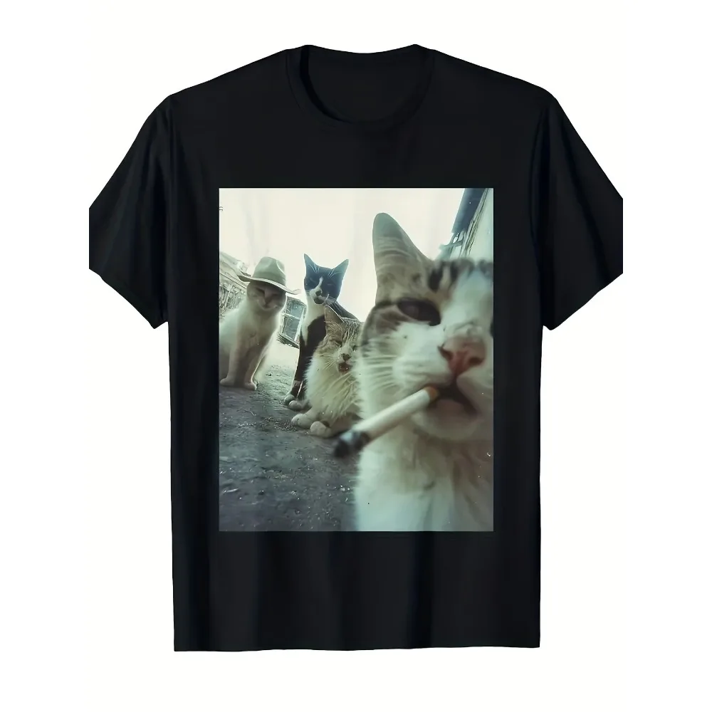 Smoking Cat T-Shirt Funny Smoking Cat Meme T-Shirt Humorous Vintage Design Loose Fit Crew Neck Casual Top Tabby Cat Smoking