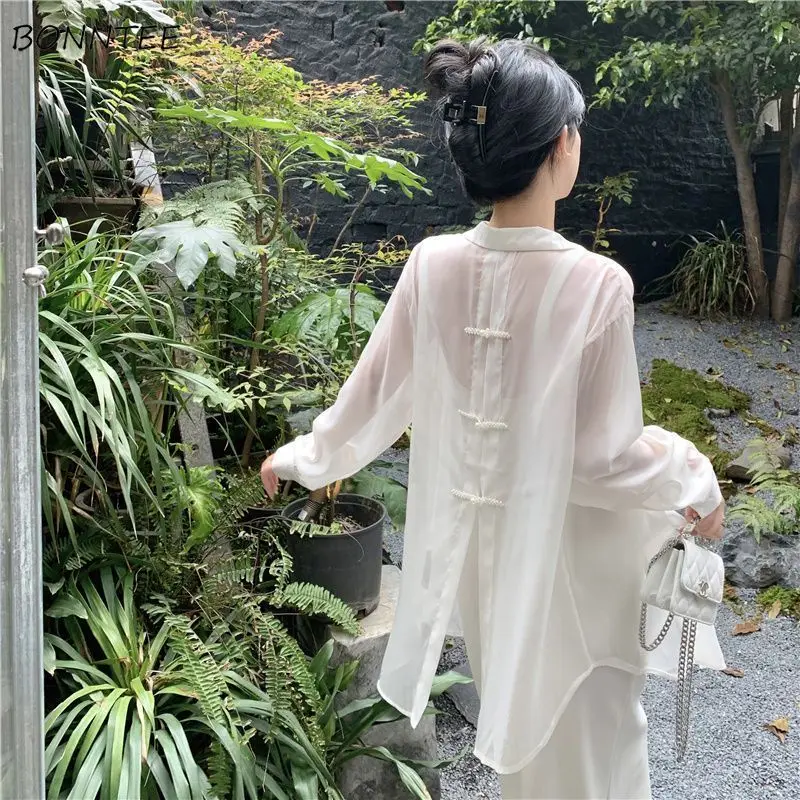 Chiffon Solid Shirt Women Spring Summer New Chinese Style Single Breasted Back Slit Chinese Button Design Thin Transparent Chic