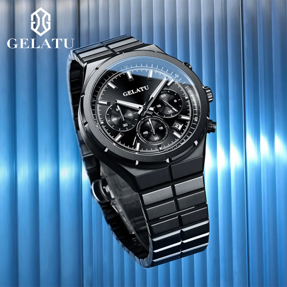 

GELATU 8001 Quartz Watch Man Top Brand Steel Strap Chronograph Watch For Men Calendar Waterproof Luminous Fashion Wristwatch