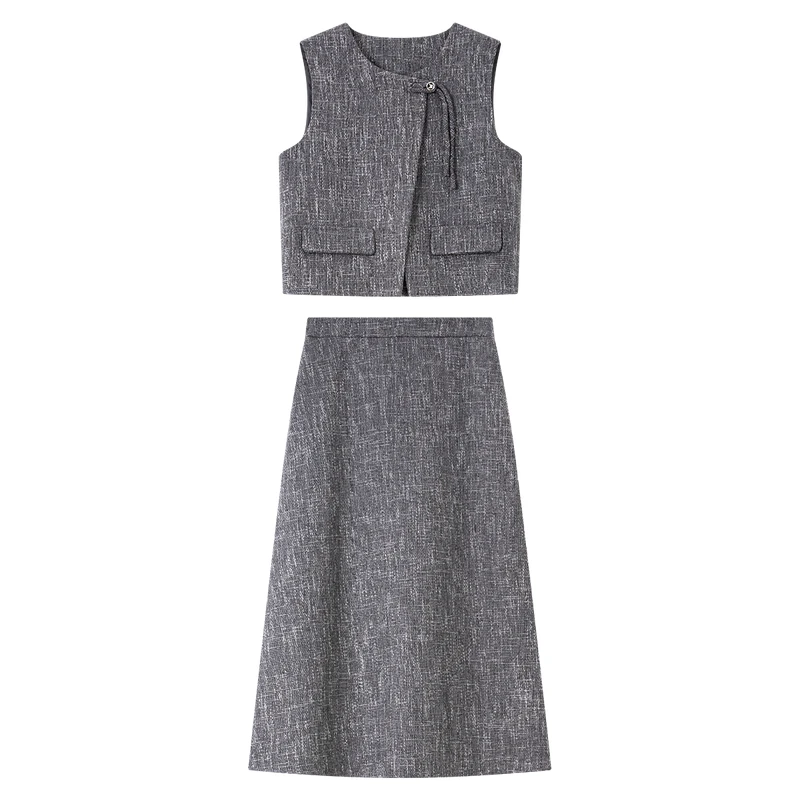 Vimly Women's Tweed Suit Set 2025 autumn new O-Neck vest & A-line Long Skirt office lady commuter elegant Two Piece Outfit