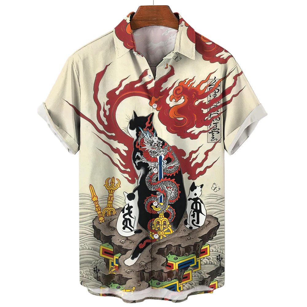 

Japanese Samurai Cat Printed Men's Shirt Funny 3D Animal Graphic T-Shirts Summer loose breathable casual Tops short sleeved Tees