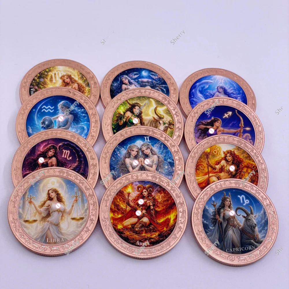 12 Zodiac Constellations 1oz .999 Copper Coin Colorful Goddess Challenge Coin Collectible Vintage Bronze Plated Souvenir Gifts