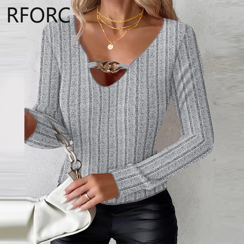 2023 Women Striped Deep V Neck Metal Decor Long Sleeves Knitting Basic Blouse Top