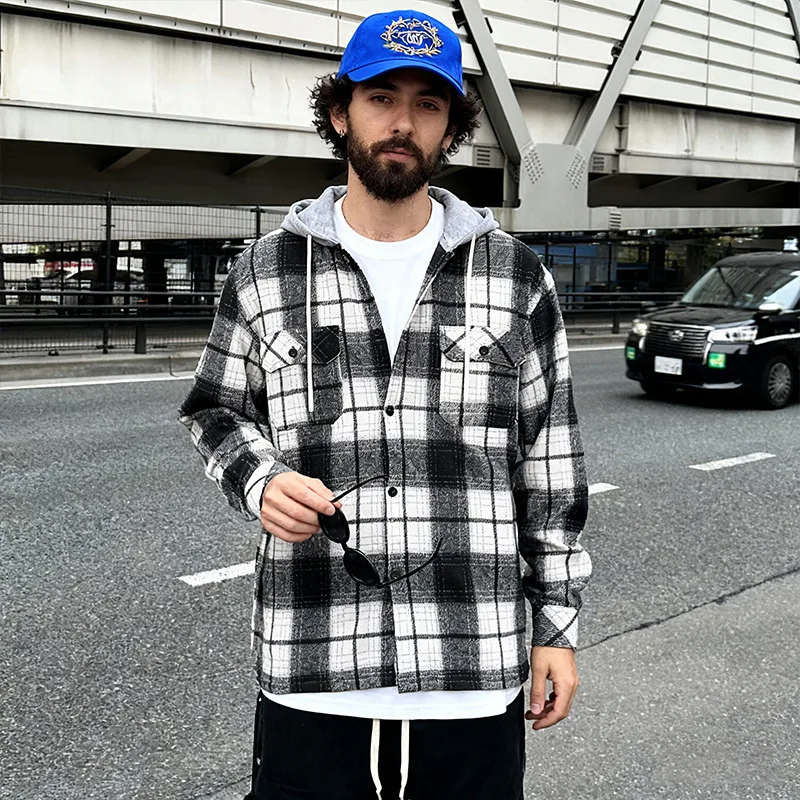 

2025 Spring Autumn New Men Black White Plaid Hooded Long Sleeve Shirt Jacket Loose Trendy Multi Colors Available