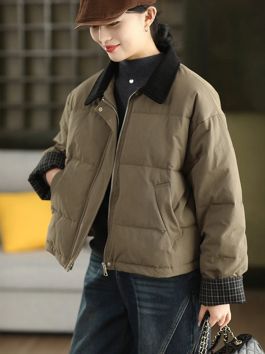 

Thiened Velvet Winter Jaet with Cotton Insert Long Sve Turn-down Collar Patchwork Plaid Cotton Coat Warm Women's Clothing