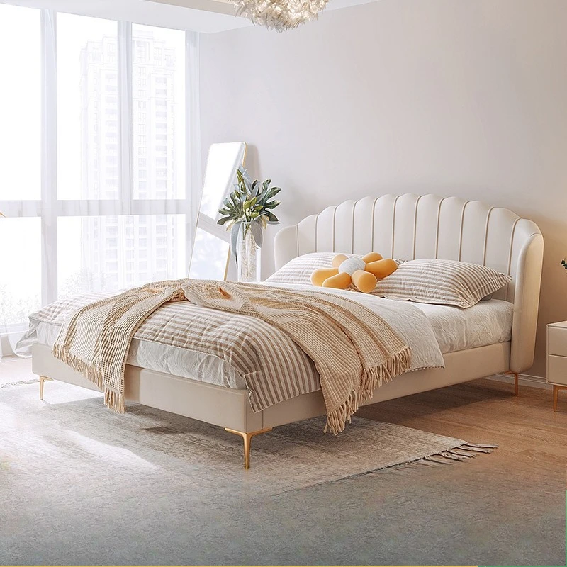 First layer leather modern simple Nordic light luxury double master bedroom 1.8m petal bed