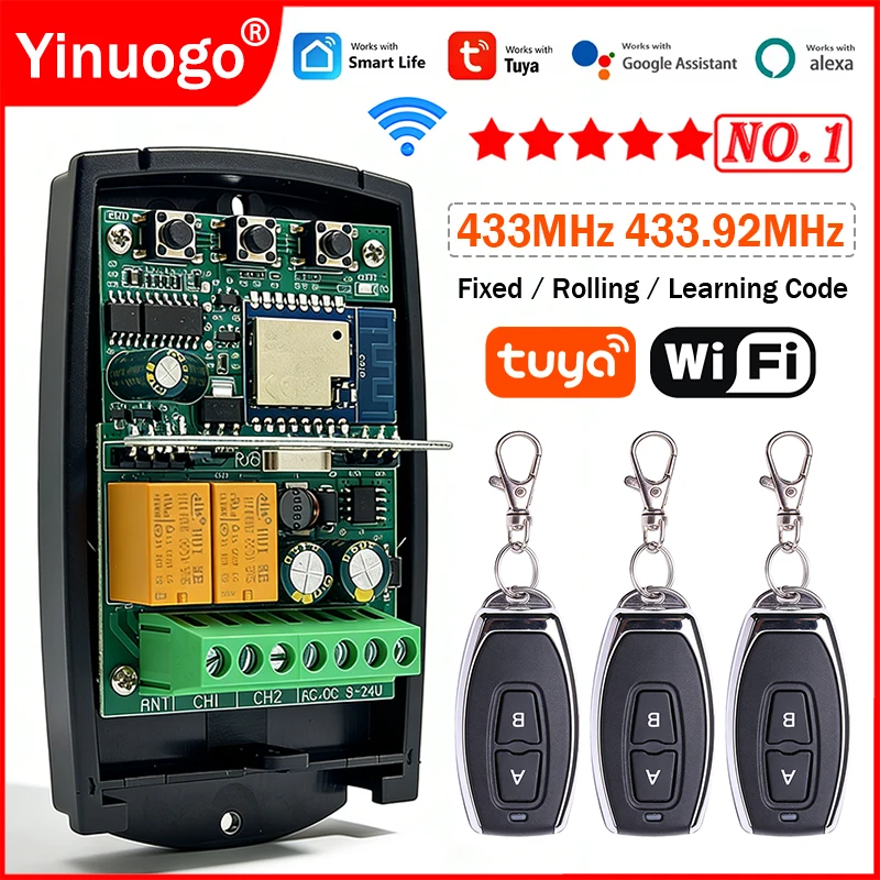 

Universal Tuya 433MHz 433.92MHz Fixed Rolling Code Garage Door Opener Gate Receiver Remote Control 2CH Smart Switch Module Relay