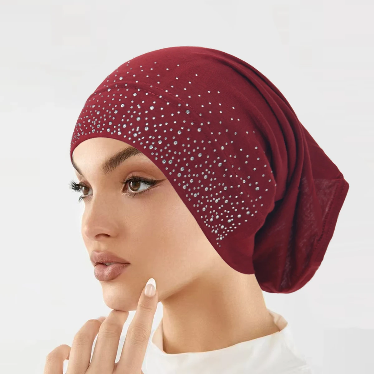 Trendy Diamonds Undercap Stretchy Hijab Solid Color Soft Bonnet Muslim Women Elastic Inner Hijab Turban Islam Underscarf