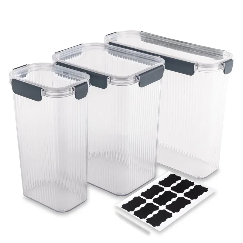 

8 Piece Pantry Storage Container Set with Snap Lock Lids Clear Ribbed Design Food Organizer Includes Labels Perfect Dry Goods