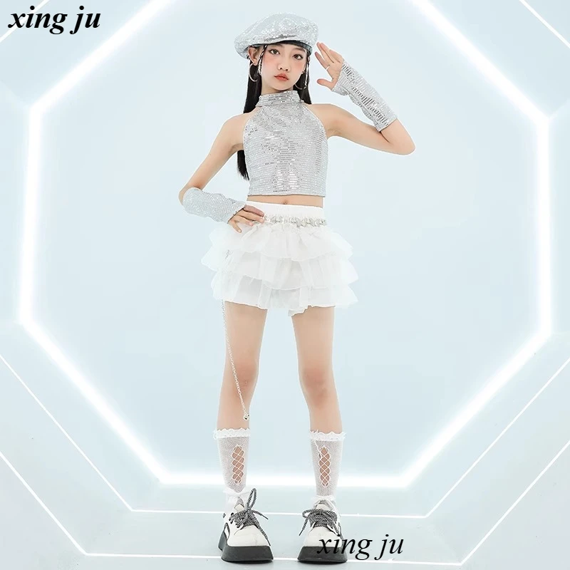 Nieuwe kinderen zilveren pailletten halter vest jazz kostuum meisje street dance witte elastische gezwollen rok kinderen hiphop show outfits