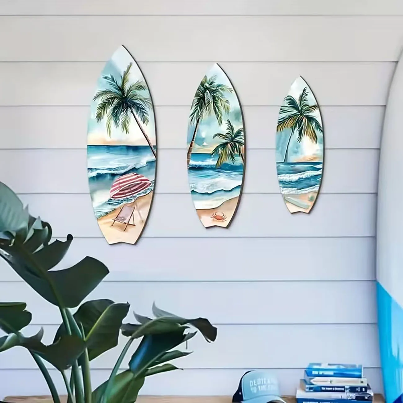 3pcs Ocean View Surfboard Wooden Wall Art Set with Double-Sided Nano Tape, Palm Tree Beach Wood Decor for Summer Home view 5