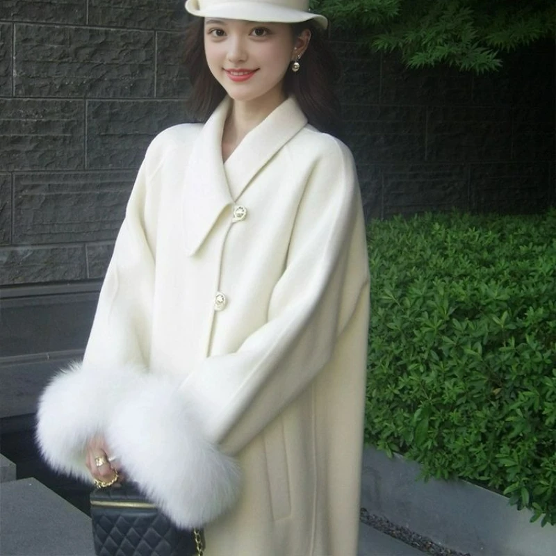 

High-end Elegant Style Double-sided Mid-length Woolen Coat for Women 2026 Winter New Fashionable Lapel Single-breasted Overcoat