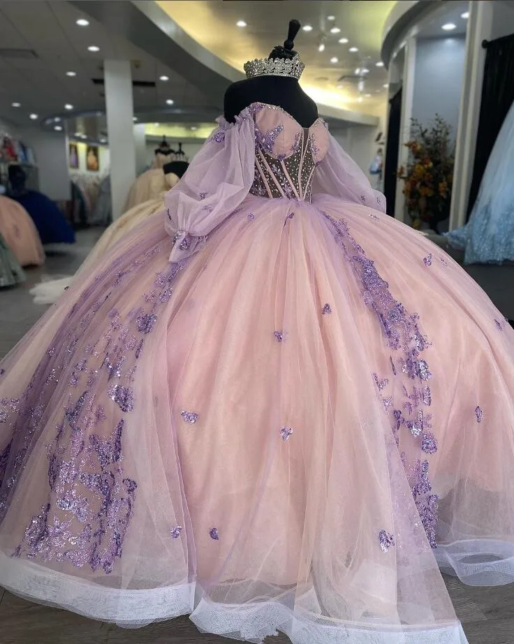 فستان أميرة Quinceanera بأكمام طويلة ، وردي أرجواني ، مزين سباركلي ، مشد ، صخب حلو ، 16 ، 15