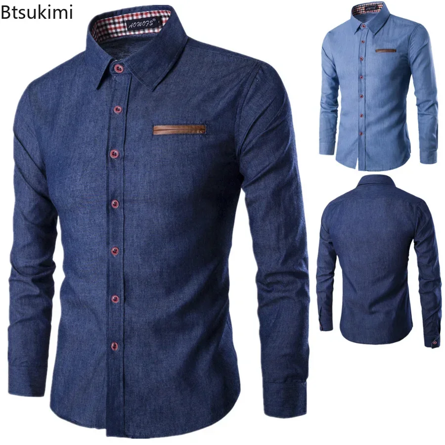 

2024 Men's Long Sleeve Denim Dress Shirt Slim Fit Button Down Casual Top Shirts Male Formal Dress Shirts Blusas Chemise Homme