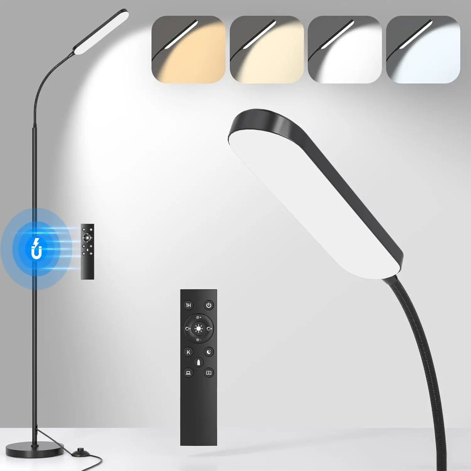 

LED Floor Lamp with Remote & Foot Switch, Adjustable Brightness/Color, Timer, Eye-Caring Tall Lamp for Bedroom, Office, Living R