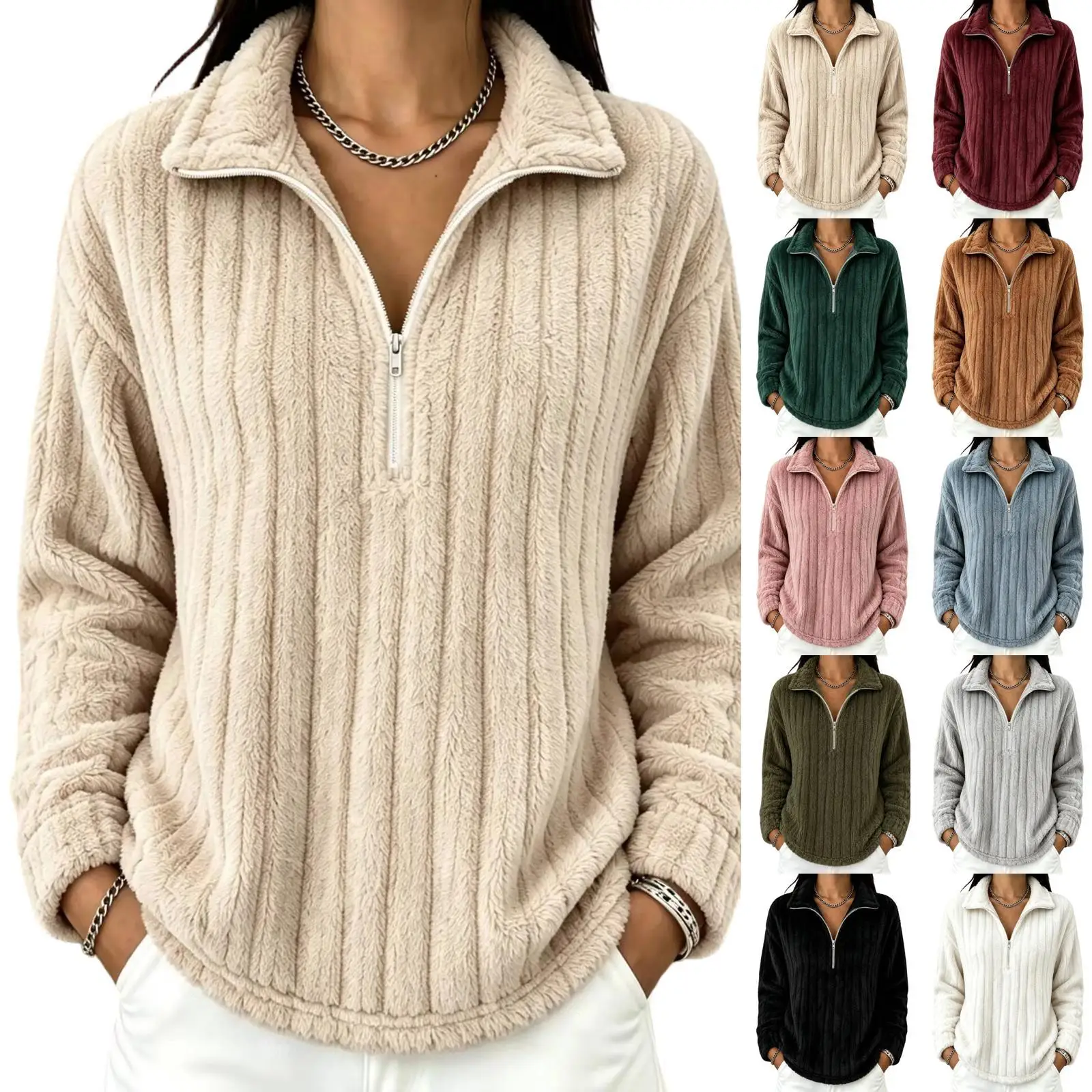 Women's Autumn Winter Turn Collar Ribbed Fleece-lined Warm Zip-up Long-sleeved Sweatshirt