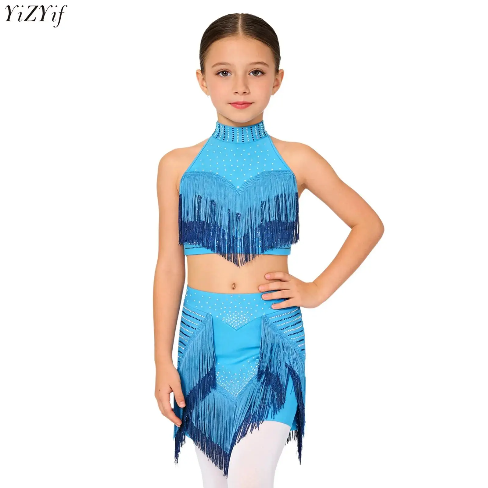 

Kids Girls Gymnastics Ballet Jersey Leotards Lyrical Dance Performance Costume Crop Top+Skirt Artistic Skating Dress Rhinestone