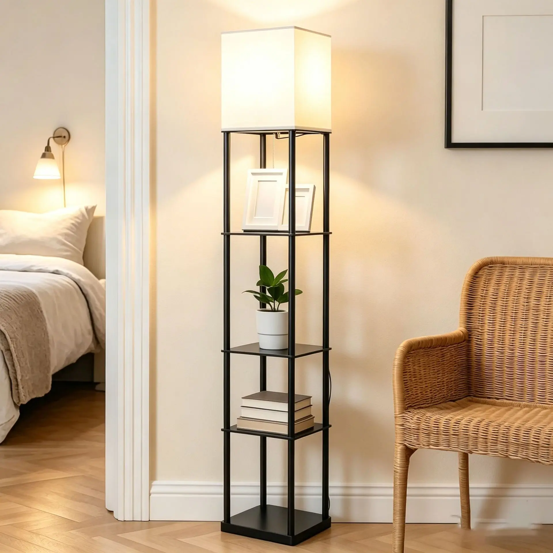 Bedroom ambient light, three-layer floor lamp, integrated storage rack, simple black bedside floor lamp, factory in-stock batch