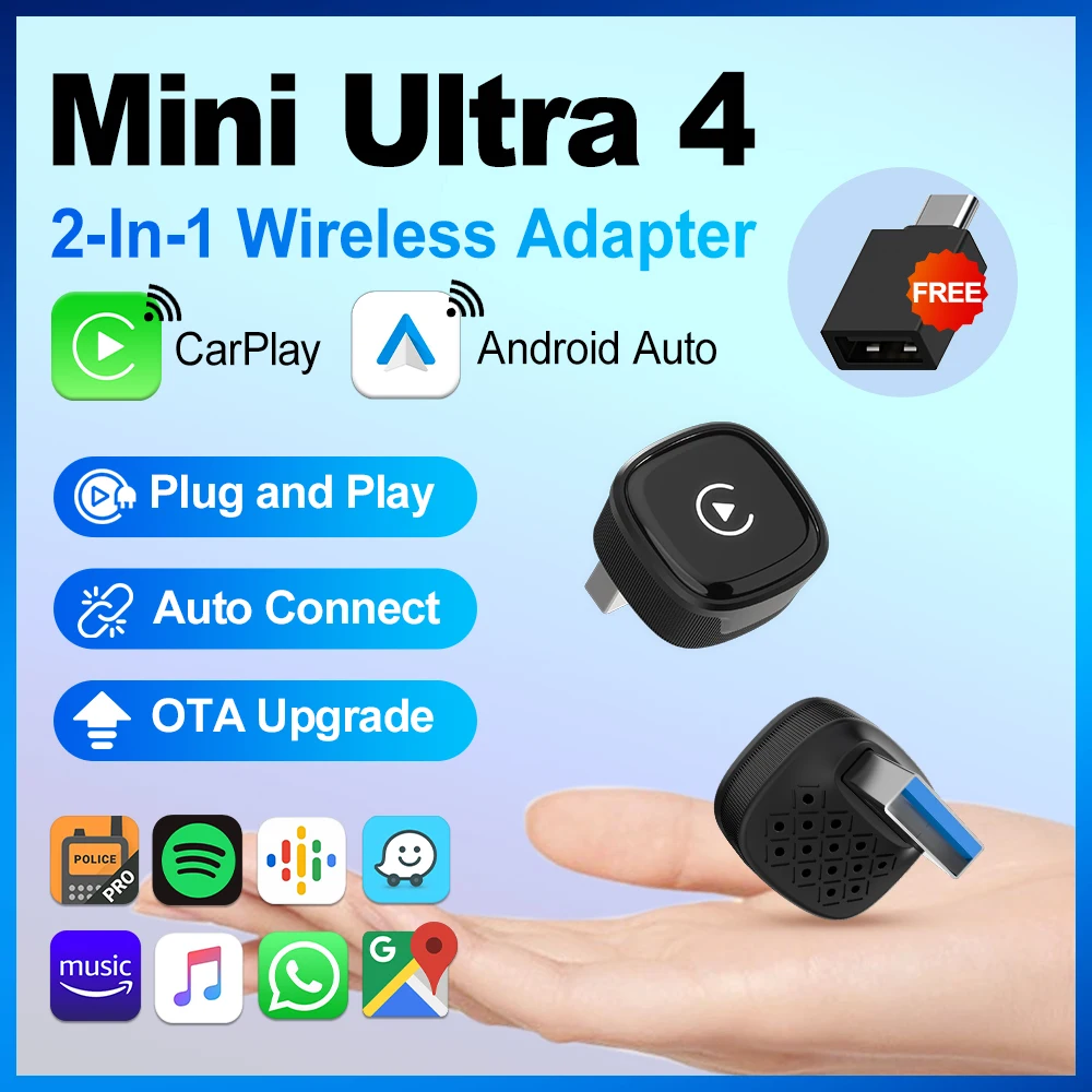 Adaptador Inalámbrico CarlinKit 5.0 Mini Ultra 4 2 en 1 para CarPlay y Android Auto, Actualización OTA, Plug&Play