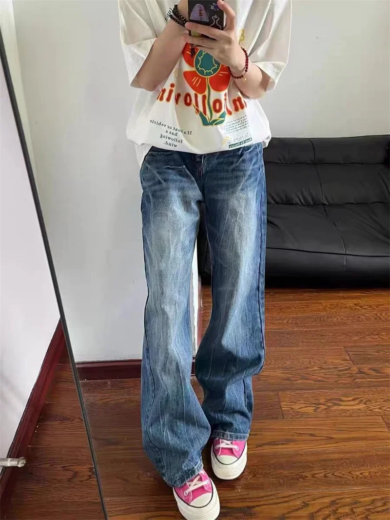 

American Style New Ins Lightning Pattern Washed Design Jeans Fashionable and Slimming Floor Hugging Loose Straight Leg Pants