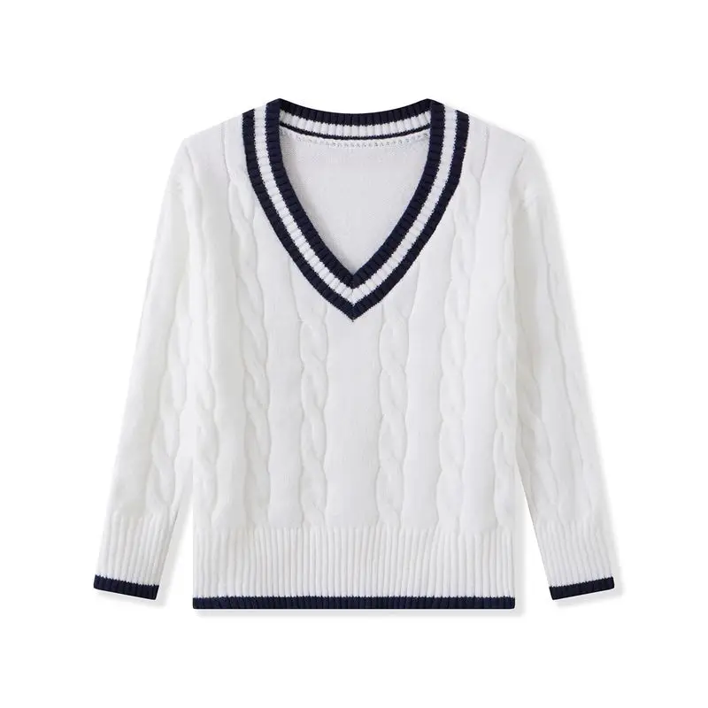 Combhasaki Women Autumn Winter Cable Knit Loose Sweaters Long Sleeve V Neck Striped Contrast Color Knitwear Preppy Jumper Top