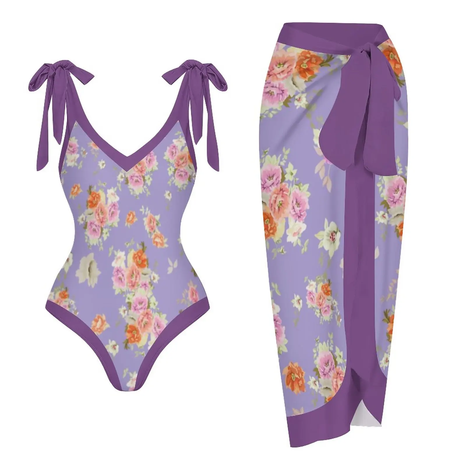 

Two Piece Swimsuit Cover Up Summer Purple Floral Print Beach Swimwear Flat Neck Bathing Suit Fashion Lace-up Biniki Homewear