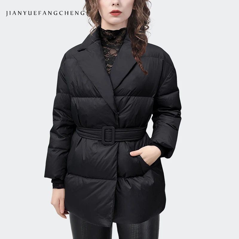 2022 Winter Warm Thicken Women\' Black Down Jacket Mid-Length Turn-down Collar Belt Design Loose Casual Bread Coat Trench Jackets