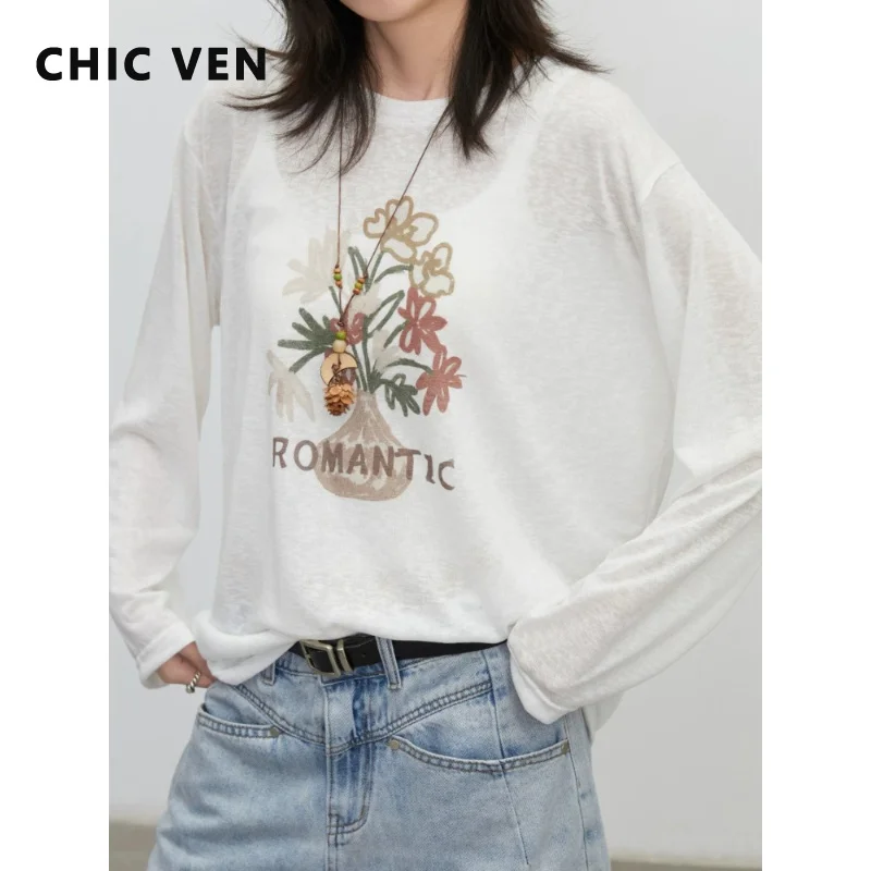 CHIC VEN New Women T-Shirts Loose Casual Flower Printed Long Sleeved Cool Thin Shirt Sun Protection Tops Pullover Summer 2026
