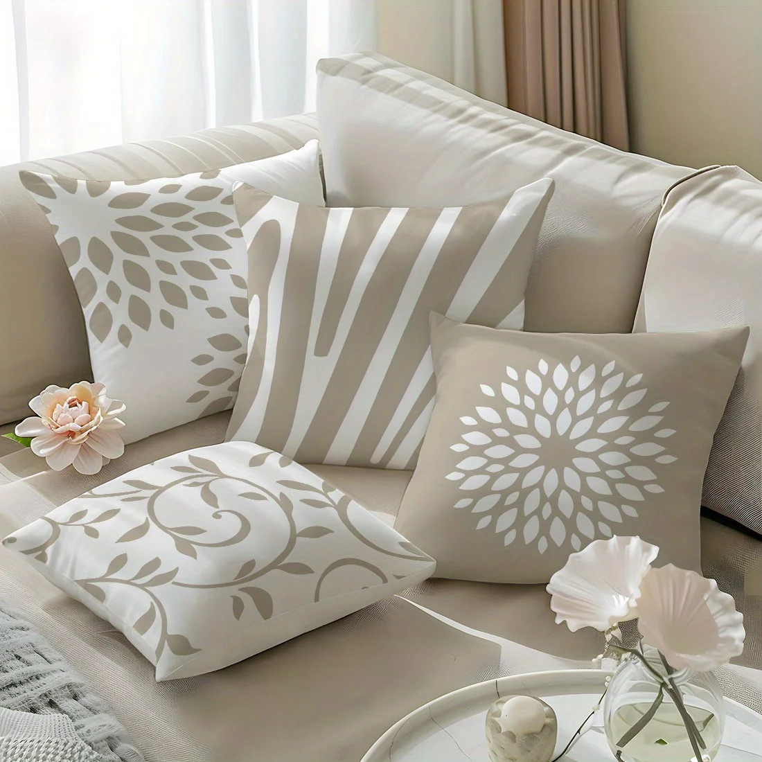 Juego  4 fundas  almohada florales | Estilo minimalista morno con patrones geométricos marrones claros, ial para la co