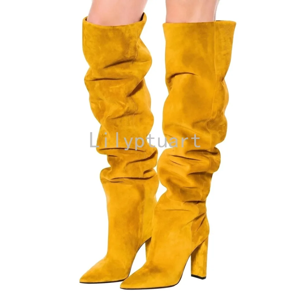 Botas de moda para mujer, 11 cm, tacón redondo grueso, beige, sin cordones, por encima de la rodilla, botas de calcetín para primavera y otoño, con punta en pico, zapatos de mujer.