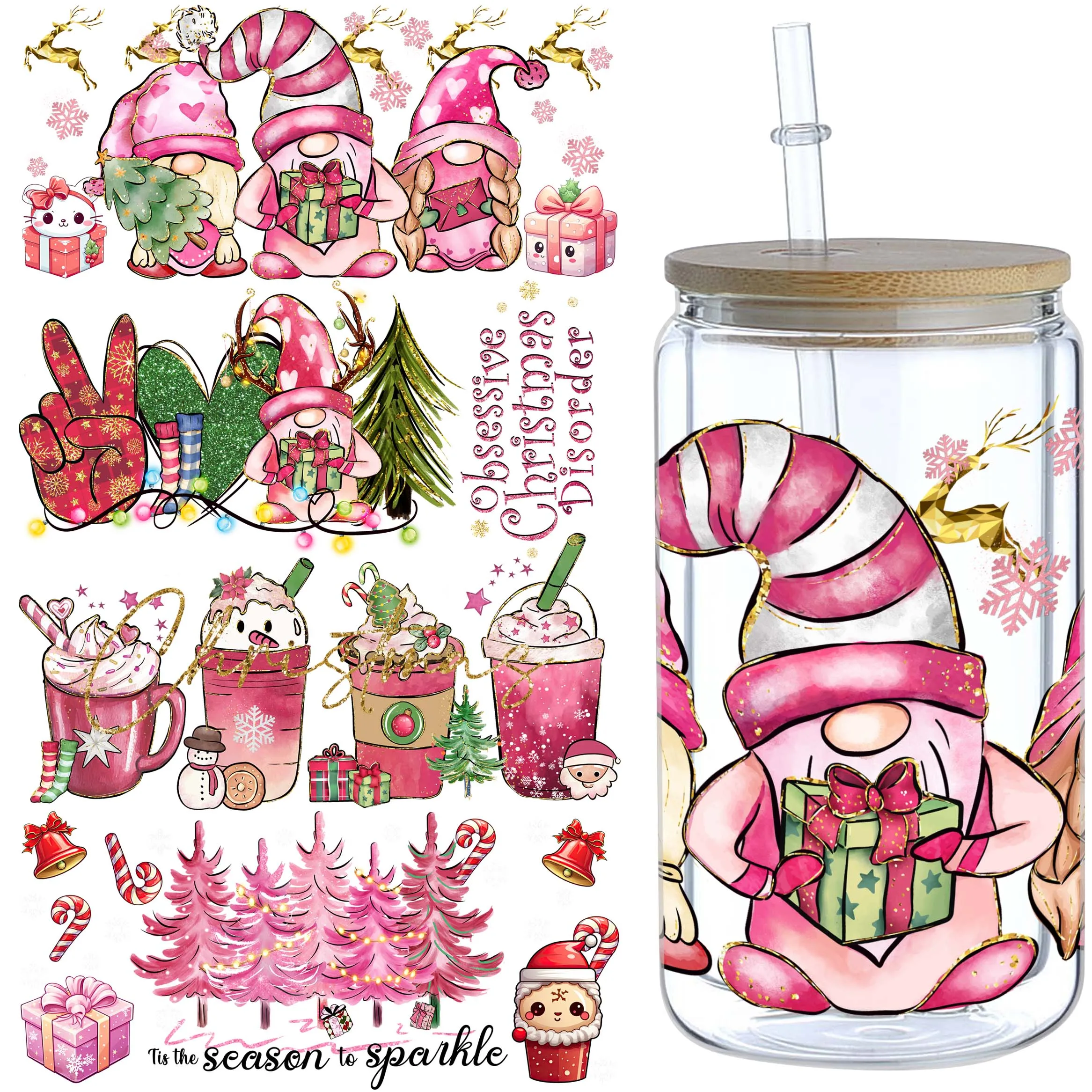 Noel 5 yaprak, UV sınıf su geçirmez ve çizilmeye dayanıklı kendinden yapışkanlı kağıt, DIY kupalar için, su şişeleri, cam bardak