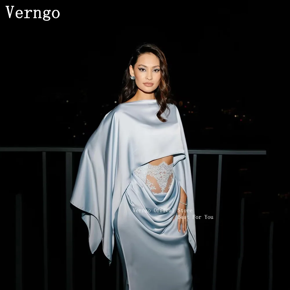 

Verngo Blue Satin Evening Dress O Neck Lace Mermaid Maxi Prom Gowns Shawl Elegant Prom Party Gowns 2027 Customized