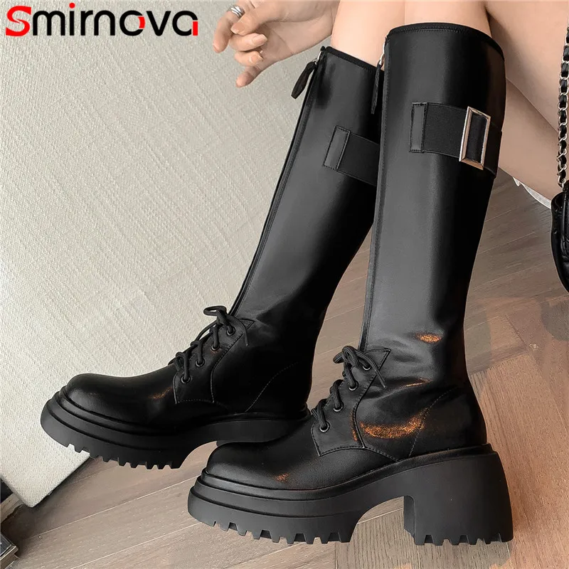 

Smirnova 2023 New Narrow Band Genuine Leather Winter Boots Cool Ladies Zipper Platform Boots Square High Heels Knee High Boots