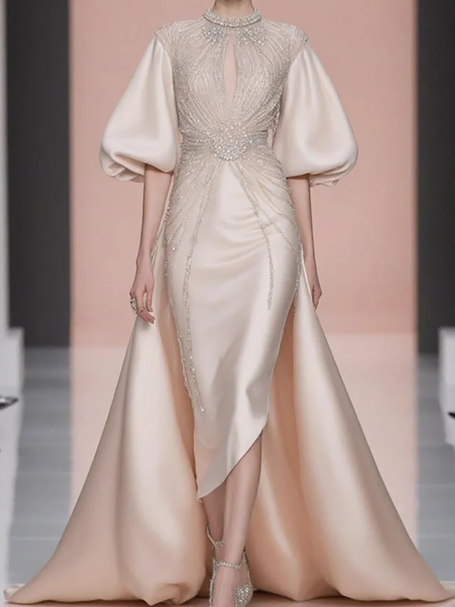 

Elegant O-Neck Beading Half Sleeve Asymmetrical Formal Evening Dresses Birthday Party Prom Gowns Customized