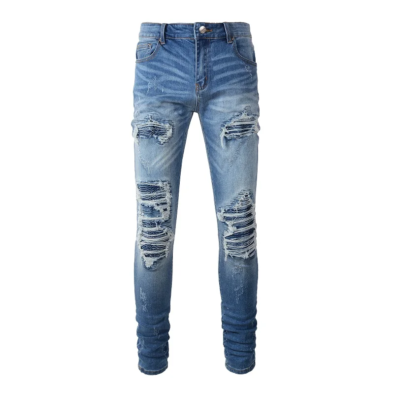 

Best Seller EU Drip Jeans Men's Blue High Street Distressed Slim Fit Stretch Destroyed Holes Ribs Patchwork Ripped Jeans