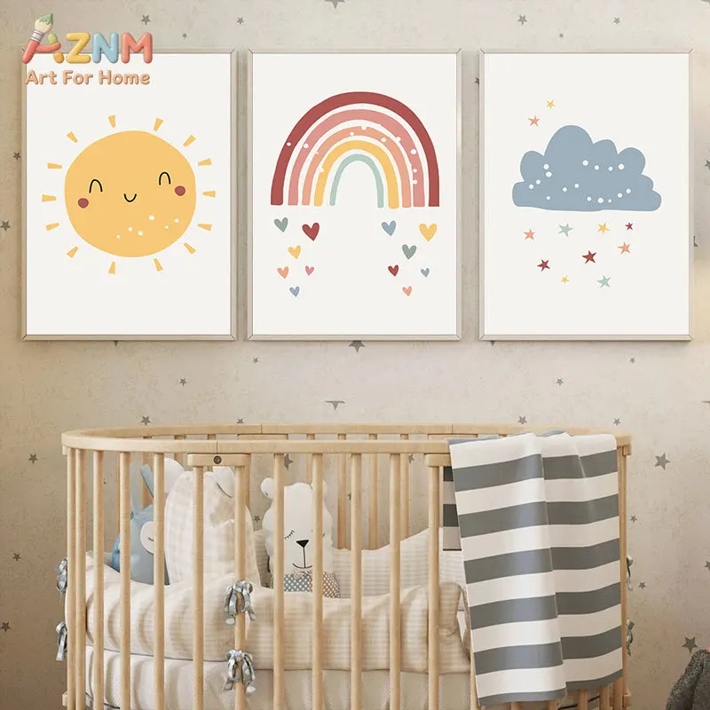 AZNM Boho Kids Canvas Print Rainbow Sun Cloud Alphabet Number Playroom Rules Neutral Soft Color Nursery Bedroom Educational Wall